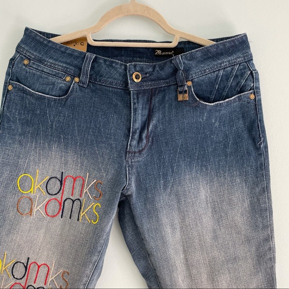 NWT Ankle Jeans with Embroidery and Graffiti Decorations Medium Wash by AKDMKS - Picture 1 of 9